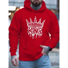 Men'S Casual King Crown Print Hoodie, 100% Polyester Long Sleeve Sweatshirt, Winter Knit Fabric with Slight Stretch, Regular Fit Hooded Top, 200g/m² - Trendy American Style Clothing Gift