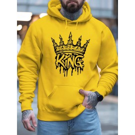 Men'S Casual King Crown Print Hoodie, 100% Polyester Long Sleeve Sweatshirt, Winter Knit Fabric with Slight Stretch, Regular Fit Hooded Top, 200g/m² - Trendy American Style Clothing Gift