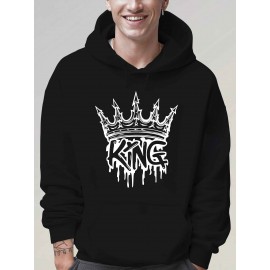 Men'S Casual King Crown Print Hoodie, 100% Polyester Long Sleeve Sweatshirt, Winter Knit Fabric with Slight Stretch, Regular Fit Hooded Top, 200g/m² - Trendy American Style Clothing Gift