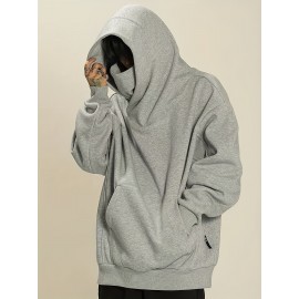 Men's Fleece-Lined Hooded Sweatshirt - High Neck Pullover with Pockets, Loose Fit Casual Winter Warmth, Machine Washable Grey All-Season Top for Daily & Leisure Wear, Sweater Hoodie