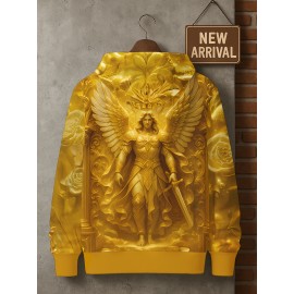 Men's 3D Printed Golden Winged Warrior Angel Hoodie - All-Over HD Graphic Mythology-Inspired Streetwear, Premium Comfortable Pullover with Hood, Casual Winter Wear & Fantasy Fashion, Machine Washable Regular Fit Sweatshirt