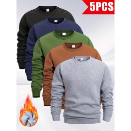 5pcs Men'S Fleece Crew Neck Sweatshirts - Solid Color Long Sleeve Pullover Set, Beige, Gray, Green, Navy Blue, Black - Ideal for Casual Wear, Outdoor Activities, Hiking, Gym, Travel, Hiking Apparel|Casual Style|Comfortable Fit, Sweater Set