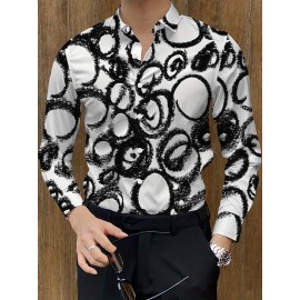 [Elegant Style] Men's Formal Dress Shirt - Sleek White with Modern Black & Gray Abstract Print, Polyester Blend, Non-Stretch, Button-Up with Lapel Collar, Ideal for All Seasons, Formal Attire|Classic Buttonup|Sleek Tailored Fit