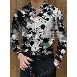 [Elegant Style] Men's Formal Dress Shirt - Sleek White with Modern Black & Gray Abstract Print, Polyester Blend, Non-Stretch, Button-Up with Lapel Collar, Ideal for All Seasons, Formal Attire|Classic Buttonup|Sleek Tailored Fit