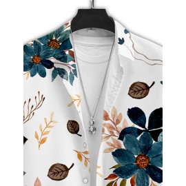Men'S Floral Print Short Sleeve Shirt - 3D Print Blue, Orange & Brown Flowers & Leaves, Casual Summer Style with Button-Up Collar, Lightweight Polyester Fabric for Casual Attire, Floral Shirt