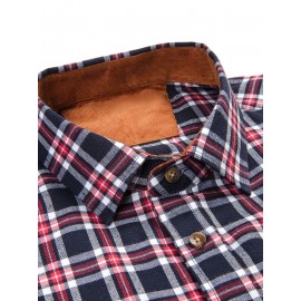 Men's Heavy-Duty Plaid Long Sleeve Dress Shirt - Winter Warmth Collar & Chest Pocket Button, Blue/White/Black/Brown Checkered Pattern, Loose Fit Casual & Formal Button-Up Coat Jacket-like Blazer (Machine Washable)