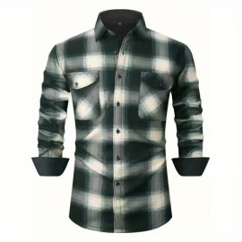 Autumn and Winter Thickened Fleece-Lined Men's Classic Outdoor Casual Home Office Wrinkle-Resistant Plaid Shirt with Multiple Pockets