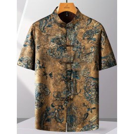 FORTEI Men's Traditional Chinese Tang Suit Short Sleeve Shirt - Lightweight, Light Beige-Friendly Polyester Blend with Intricate Floral Print, Button-Up Collar Design for Casual Summer Wear