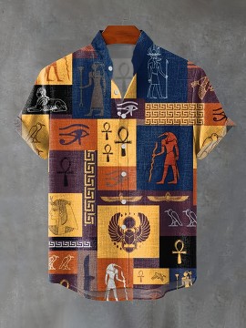 Men'S Vintage Egyptian-Inspired Geometric Art Print Short Sleeve Shirt - Casual Stand Collar, Button-Up, Non-Stretch Fabric, Regular Fit for Summer Outdoor & Casual Attire, All-Season Comfort, Summer Casual Wear | Artistic Print Shirt | Nonstretch F