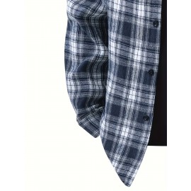 3pcs Men'S Scandinavian Vintage Plaid Shirt Set - Loose Fit, Breathable Rayon, Long Sleeve with Button-Up Design, Perfect for Fall & Spring Casual Wear, Casual Wear Shirts|Vintage Plaid Shirt|Asymmetrical Hemline, Thick