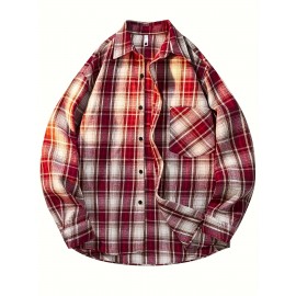 3pcs Men'S Scandinavian Vintage Plaid Shirt Set - Loose Fit, Breathable Rayon, Long Sleeve with Button-Up Design, Perfect for Fall & Spring Casual Wear, Casual Wear Shirts|Vintage Plaid Shirt|Asymmetrical Hemline, Thick