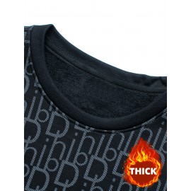 Men's Thermal Fleece-Lined Crewneck Sweatshirt - Thick Winter Warmth with Bold Letter Graphic, Soft Casual Long Sleeve Pullover, Machine Washable Cold Weather Gift for Him, Winter Sweaters, Cold Weather Apparel, Stylish Pullover