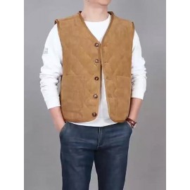 [Winter Warmth Vest] Navy Blue Quilted Corduroy Men's Winter Warmth Vest | Fleece Lining, Pockets, Button Closure | Perfect for Fall and Winter Comfort