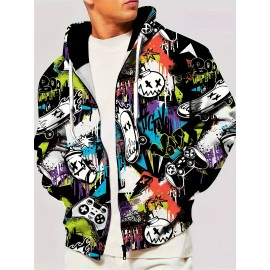 [1pc Men'S Novelty Hooded Jacket] 1pc Men'S Novelty Hooded Jacket, Casual Geometric Pattern Knit Polyester Fiber, Regular Fit Spring/Autumn Outerwear with Zip Closure