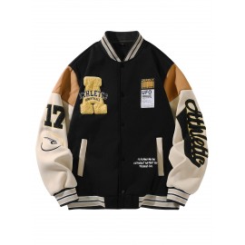 Men's Baseball Jacket with Athletic Dept. Embroidered Logo & Number 17 - Royal Blue & Beige Contrast Design, Baseball Collar, Machine Washable Casual Streetwear Jacket for Casual Attire