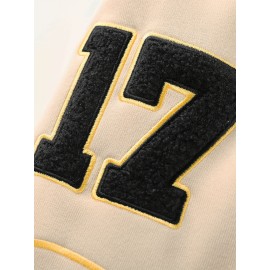 Men's Baseball Jacket with Athletic Dept. Embroidered Logo & Number 17 - Royal Blue & Beige Contrast Design, Baseball Collar, Machine Washable Casual Streetwear Jacket for Casual Attire