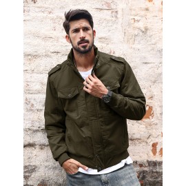 Men's Winter Fleece-Lined Cargo Jacket - Windproof Stand Collar Zipper Jacket with Ribbed Cuffs, Multi-Pockets & Soft Shell for Fall Winter Daily Wear, Outdoor Hiking Camping