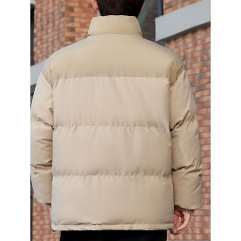 [Men's Winter Jacket] Polyester-Filled Men's Winter Jacket - Black & Casual Outdoor Warm Coat with Stand Collar, Regular Fit for Cold Weather, No Stretch Fabric