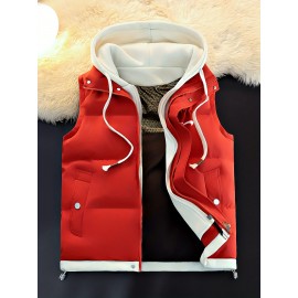 Men'S Hooded Vest - Thickened Warm Sleeveless Jacket with Zipper Closure, Red & Color Block Design, Polyester Lining, Casual Style for Cold Weather, Unisex Couple'S Outerwear, Multiple Colors Available, Winter Vest, Cold Weather Apparel