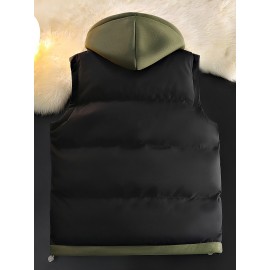 Men'S Hooded Vest - Thickened Warm Sleeveless Jacket with Zipper Closure, Red & Color Block Design, Polyester Lining, Casual Style for Cold Weather, Unisex Couple'S Outerwear, Multiple Colors Available, Winter Vest, Cold Weather Apparel