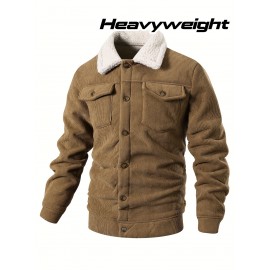 [Heavyweight Winter Jacket] Winter Heavyweight Men's Jacket | Corduroy Texture, Fleece Lining, Flip Collar, Double Pockets, Single-Button Closure, Machine Washable Polyester, Regular Fit Casual Outerwear