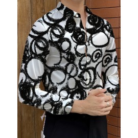 [Elegant Style] Men's Formal Dress Shirt - Sleek White with Modern Black & Gray Abstract Print, Polyester Blend, Non-Stretch, Button-Up with Lapel Collar, Ideal for All Seasons, Formal Attire|Classic Buttonup|Sleek Tailored Fit