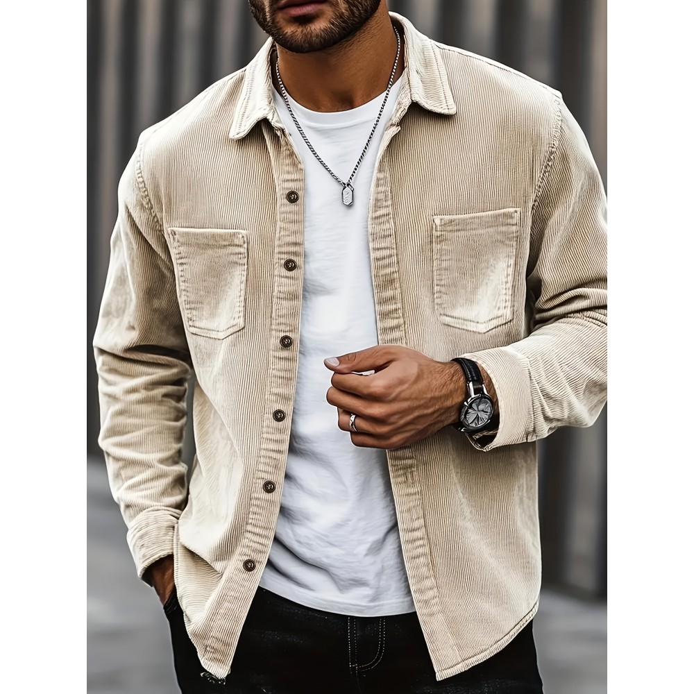 [Men's Corduroy Shirt Jacket] Bohemian Corduroy Shirt Jacket - Men's Solid Color Relaxed Fit Long Sleeve with Chest Pockets, Classic Collar & All-Season Versatile Style for Casual & Formal Wear, Durable Fabric