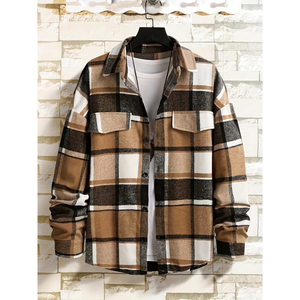 Men'S Casual Plaid Button-Up Shirt - Long Sleeve, Beige & Brown Check Pattern, Loose Fit, Lightweight Polyester Fabric, Perfect for Casual Attire