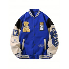 Men's Baseball Jacket with Athletic Dept. Embroidered Logo & Number 17 - Royal Blue & Beige Contrast Design, Baseball Collar, Machine Washable Casual Streetwear Jacket for Casual Attire