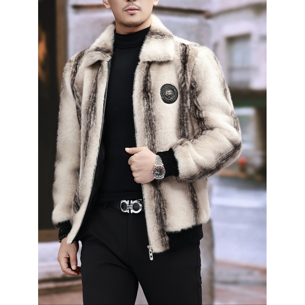 Men'S Winter Faux Fur Coat - Warm Color-Block Lapel Collar Jacket with Zipper Closure, Black & Beige Contrast Design, Regular Fit for Casual & Formal Wear, Polyester Lining, Stylish Streetwear, Faux Fur Coat